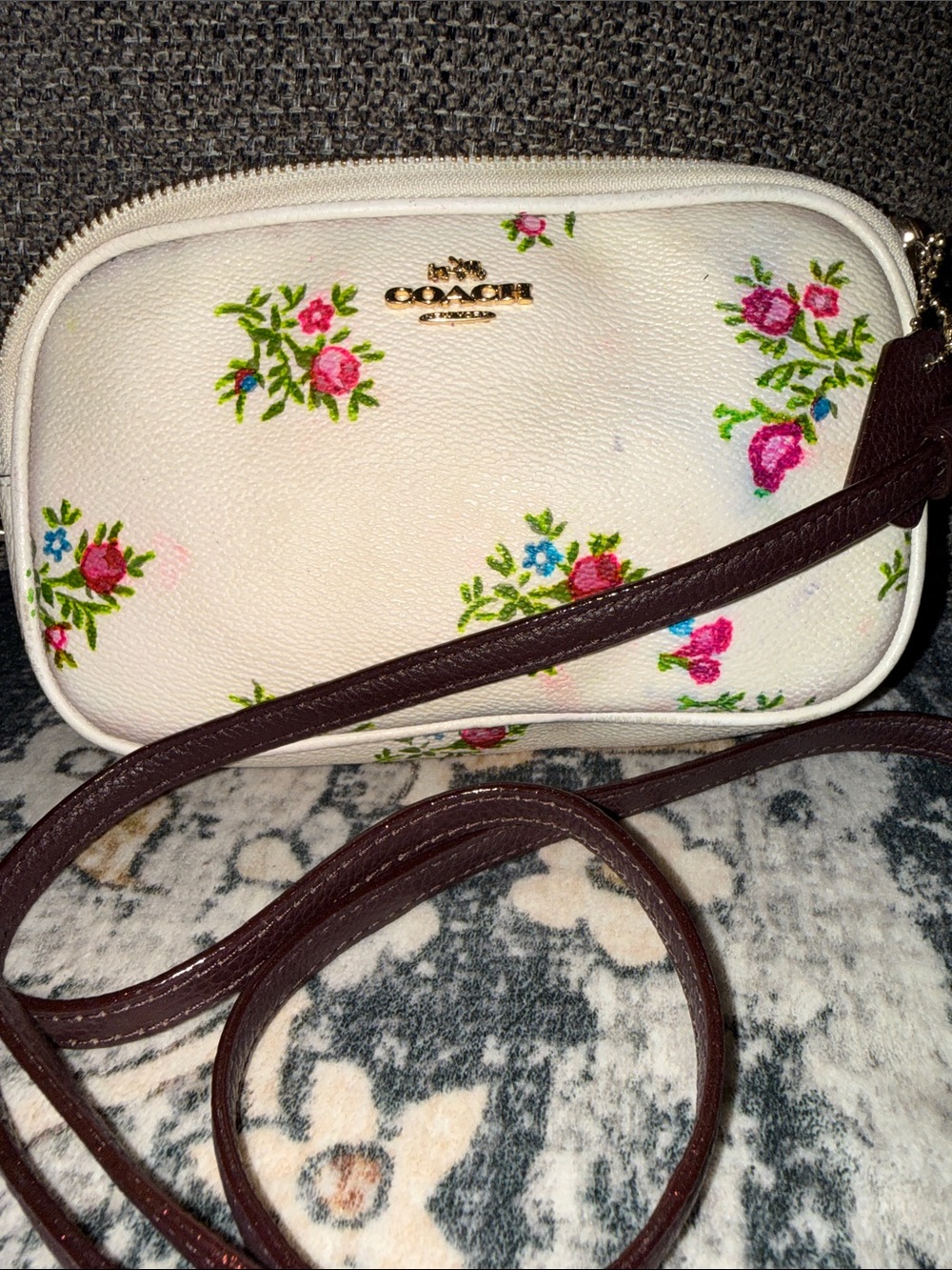 Coach White Pebble Leather Floral Crossbody with Brown Strap